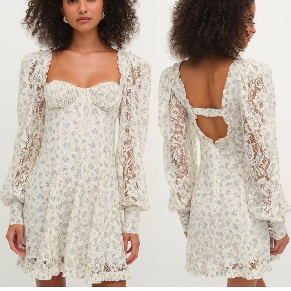 NWT FOR LOVE AND LEMONS DONNA WHITE LACE MINI DRESS WITH BLUE FLORAL PRINT M - Picture 2 of 10